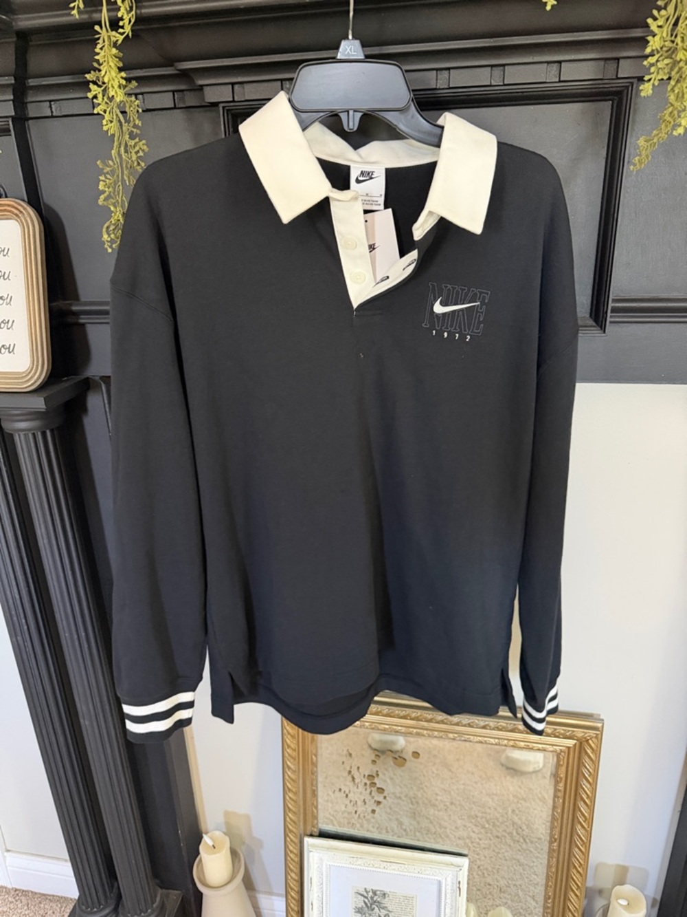 Nike Women’s Black Rugby Polo with Cream Collar and Cuff Stripes
